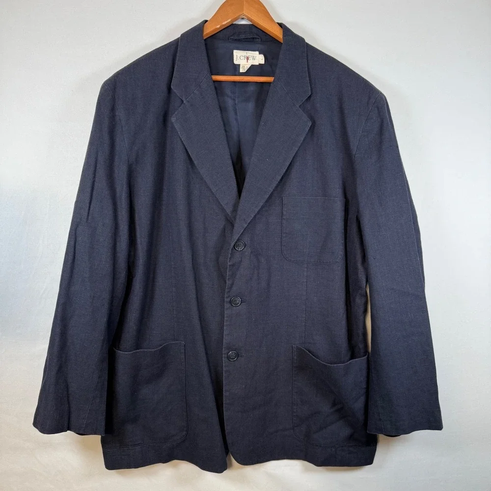 J. Crew Mens Navy Blue Linen Cotton Blend Blazer Sport Coat Jacket Size L‎ Y2K